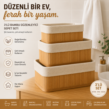 Bambu Görünümlü Çok Amaçlı Düzenleyici Sepet Seti – 3'lü Organizer Kutu