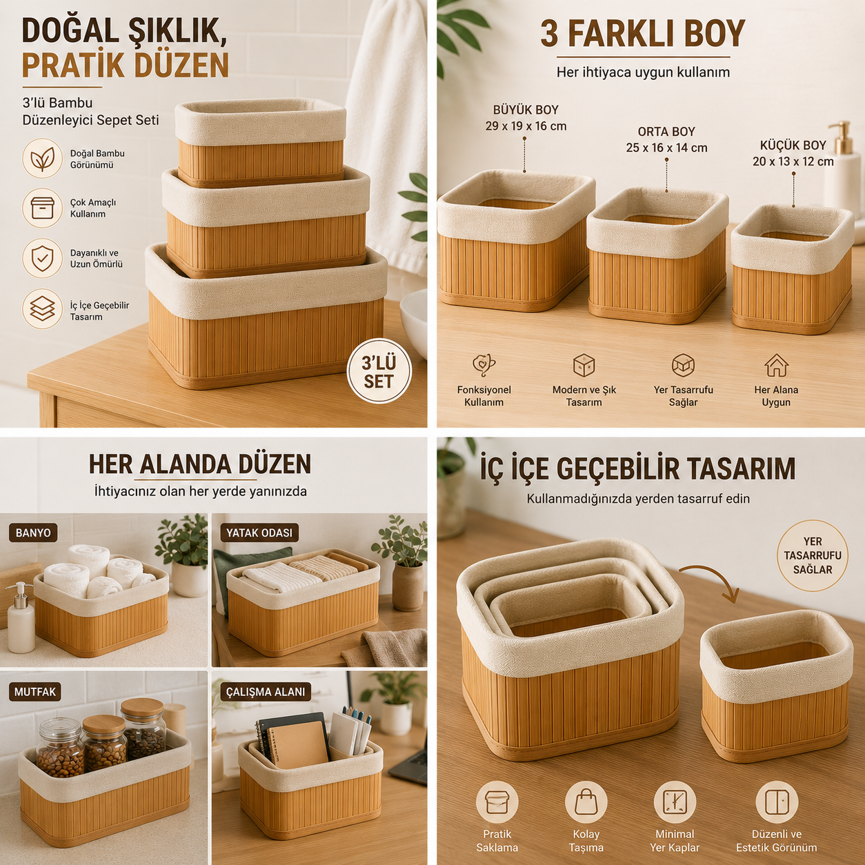 Bambu Görünümlü Çok Amaçlı Düzenleyici Sepet Seti – 3'lü Organizer Kutu