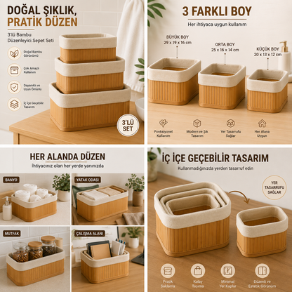 Bambu Görünümlü Çok Amaçlı Düzenleyici Sepet Seti – 3'lü Organizer Kutu