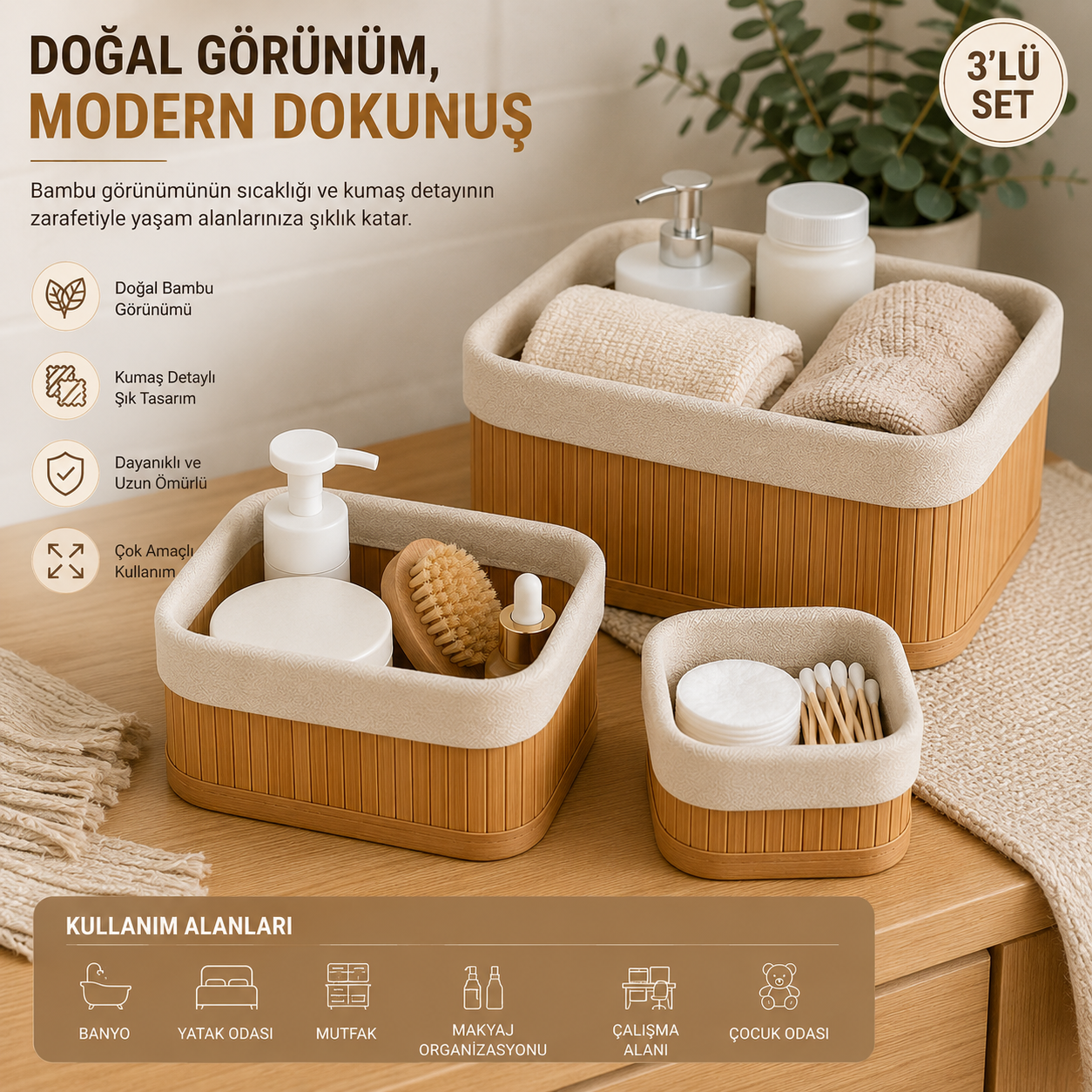 Bambu Görünümlü Çok Amaçlı Düzenleyici Sepet Seti – 3'lü Organizer Kutu