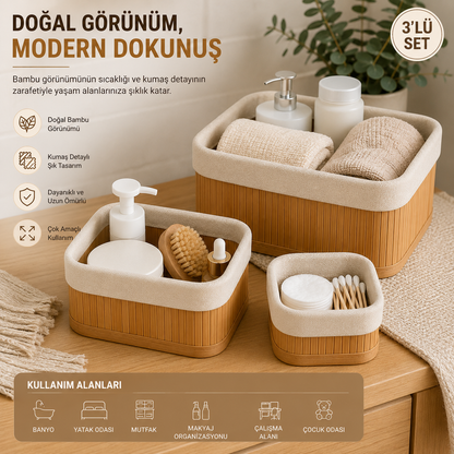 Bambu Görünümlü Çok Amaçlı Düzenleyici Sepet Seti – 3'lü Organizer Kutu
